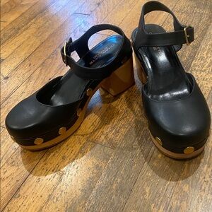 Charlotte Stone Black Leather Platform Clogs Ankle Strap Size 9